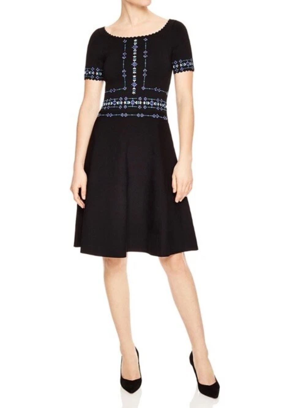 Sandro Scalloped Embroidered A-Line Midi Knit Dress | Size small